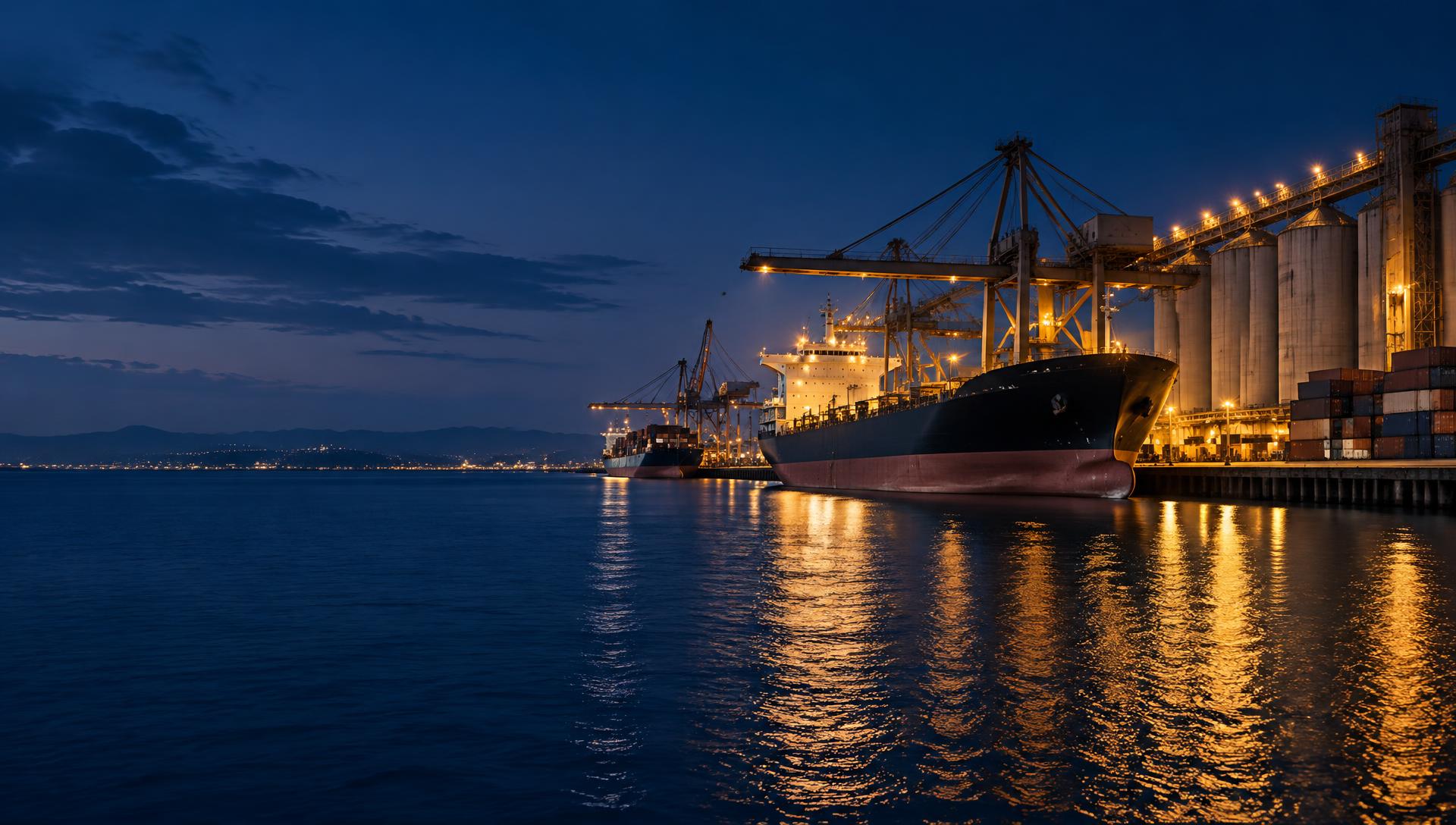 Bulk carrier docked beside illuminated grain silos at an international port